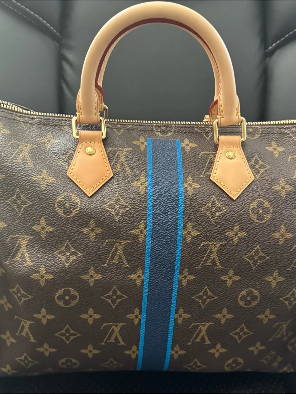 Louis Vuitton Brown Monogram Tote with Blue Racing Stripe